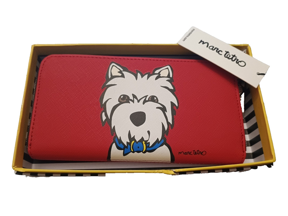 New MARC TETRO White Terrier Dog Red Westie Zip-Around Clutch Wallet 7.75x4x1"